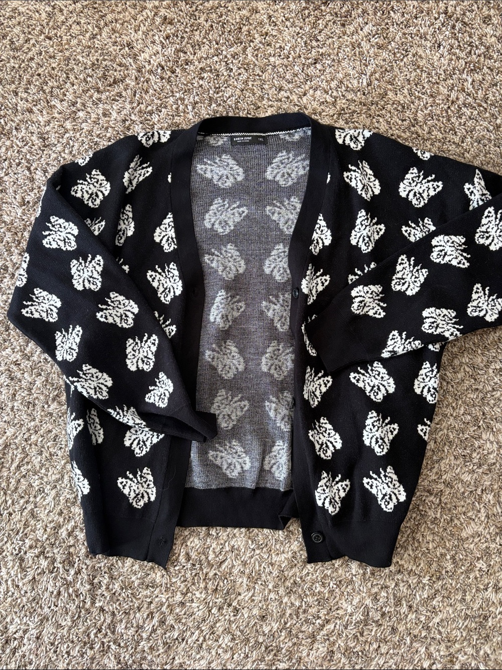 SHEIN Black Cardigan with White Butterfly Print